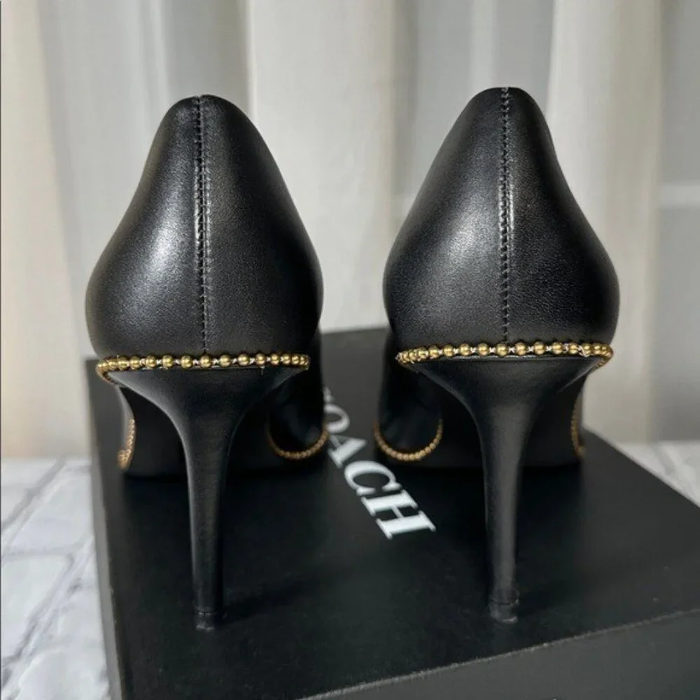 Coach Waverly Beadchain Leather Heels Black Gold Shoes - Picture 2 of 16